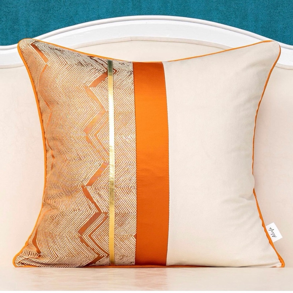 Alerfa 18 x 18 Inch Orange White Geometric Striped Gold  Patchwork